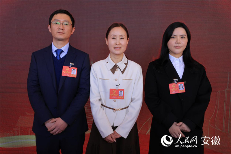 安徽省人大代表丁俊（左）、方少杰（中）、周冰一（右）回答記者提問。人民網(wǎng)記者 王曉飛攝